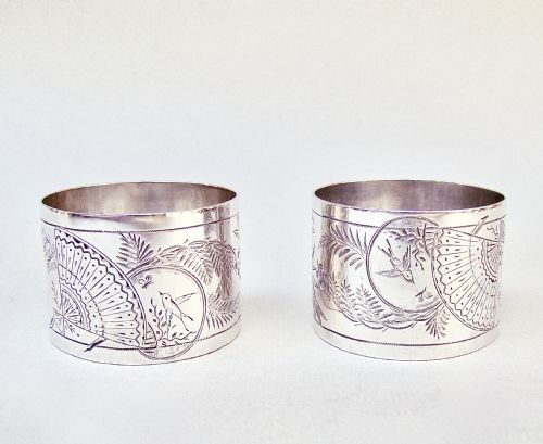 fig 2. FABULOUS CASED PAIR OF VICTORIAN SILVER AESTHETIC MOVEMENT NAPKIN RINGS BY GEORGE ADAMS, LONDON 1881