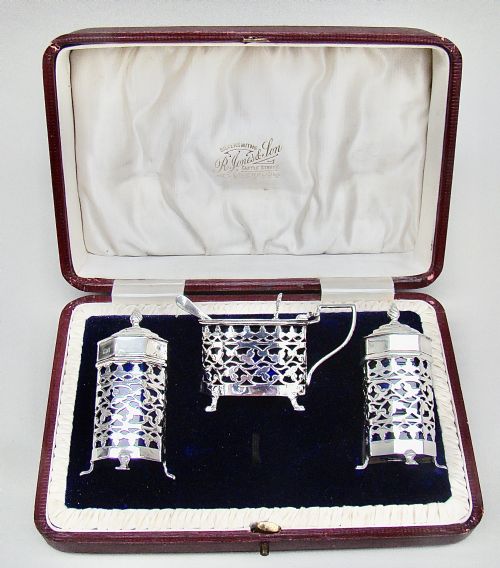 Stunning Edwardian Silver Three Piece Condiment Set by Charles Horner, Birmingham 1903