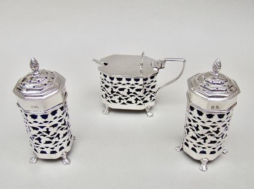 fig 1. STUNNING EDWARDIAN SILVER THREE PIECE CONDIMENT SET BY CHARLES HORNER, BIRMINGHAM 1903