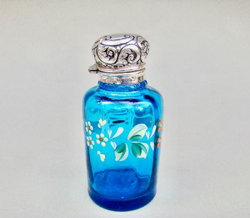fig 1. VICTORIAN SILVER MOUNTED TURQUOISE ENAMELLED GLASS SCENT BOTTLE BY LEVI & SALAMAN, BIRMINGHAM 1895
