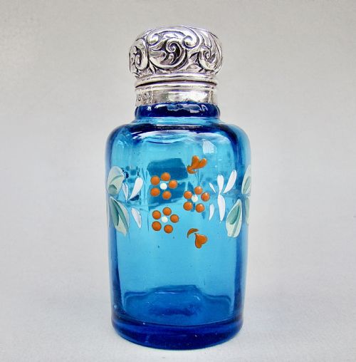 Victorian Silver Mounted Turquoise Enamelled Glass Scent Bottle by Levi & Salaman, Birmingham 1895