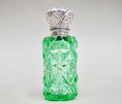 fig 1. EXQUISITE VICTORIAN SILVER & GREEN URANIUM GLASS SCENT BOTTLE , CIRCA 1890