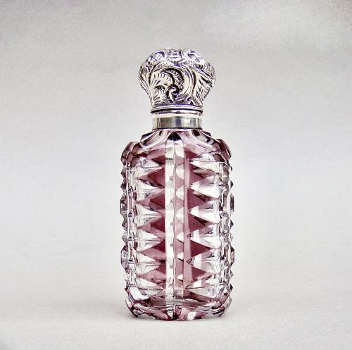 Victorian Silver and Amethyst Overlay Bohemian Glass Scent Bottle, Circa 1890