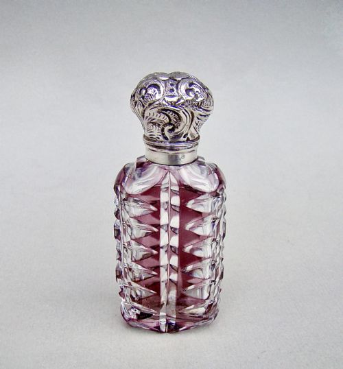 fig 1. VICTORIAN SILVER AND AMETHYST OVERLAY BOHEMIAN GLASS SCENT BOTTLE, CIRCA 1890