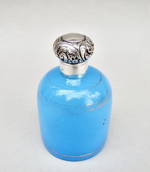 Large Silver Mounted Turquoise Opaline Glass Scent Bottle, Birmingham 1891