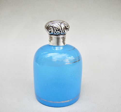 fig 1. LARGE SILVER MOUNTED TURQUOISE OPALINE GLASS SCENT BOTTLE, BIRMINGHAM 1891