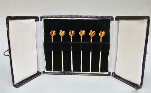 Mid-century Cased Set of Six Silver Gilt & Enamelled Cockerel Cocktail Sticks by the Adie Brothers, Birmingham 1957