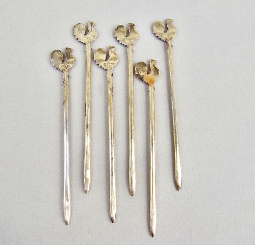 fig 1. MID-CENTURY CASED SET OF SIX SILVER GILT & ENAMELLED COCKEREL COCKTAIL STICKS BY THE ADIE BROTHERS, BIRMINGHAM 1957