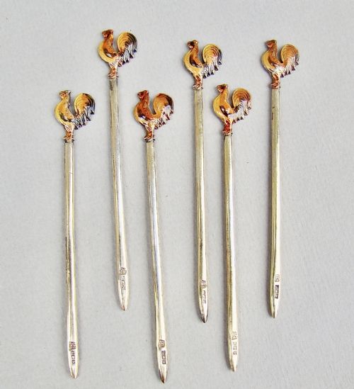 fig 2. MID-CENTURY CASED SET OF SIX SILVER GILT & ENAMELLED COCKEREL COCKTAIL STICKS BY THE ADIE BROTHERS, BIRMINGHAM 1957