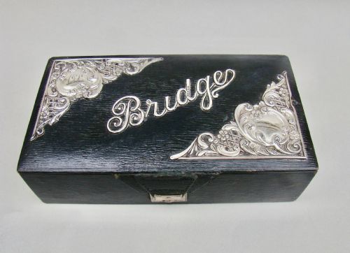 Edwardian Silver Mounted Bridge Playing Cards Leather Box by Levi & Salaman, Birmingham 1905