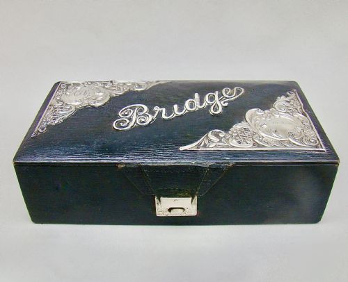 fig 1. EDWARDIAN SILVER MOUNTED BRIDGE PLAYING CARDS LEATHER BOX BY LEVI & SALAMAN, BIRMINGHAM 1905