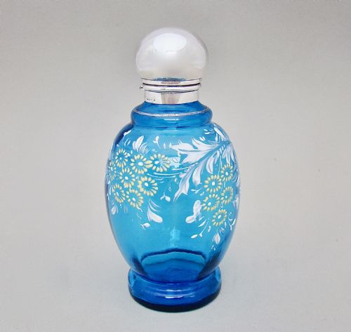 Edwardian Silver Mounted Turquoise Enamelled Glass Scent Bottle by John Grinsell Birmingham 1910