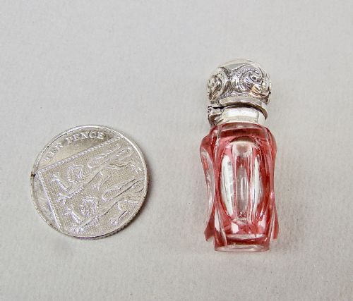 fig 2. MINIATURE VICTORIAN SILVER & OVERLAY CRANBERRY GLASS SCENT BOTTLE, CIRCA 1890