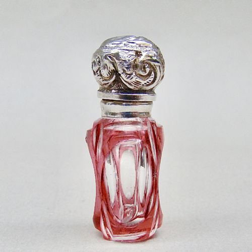 Miniature Victorian Silver & Overlay Cranberry Glass Scent Bottle, Circa 1890