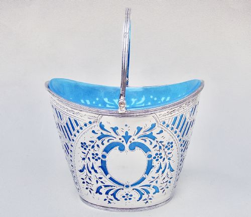 fig 1. RARE AND EXQUISITE VICTORIAN SILVER SUGAR BASKET BY NATHAN & HAYES, CHESTER 1896