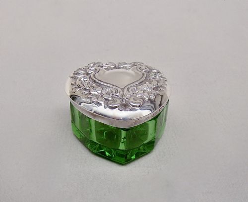 Unusual George V Silver & Cut Glass Heart-shaped Pill Box , Circa 1910