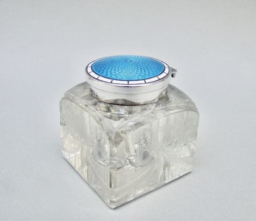 fig 1. EDWARDIAN SILVER & GUILLOCHE ENAMEL INKWELL BY LEVI & SALMAN, BIRMINGHAM 1908