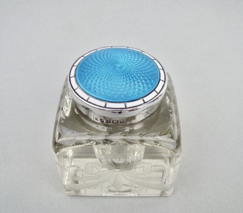 Edwardian Silver & Guilloche Enamel Inkwell by Levi & Salman, Birmingham 1908