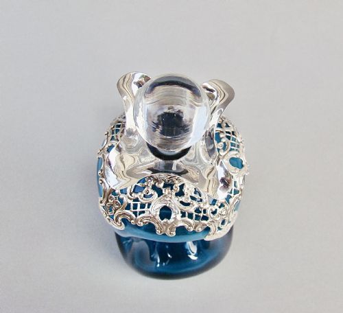 fig 3. RARE VICTORIAN SILVER MOUNTED TURQUOISE GLASS SMALL GLUG GLUG LIQUEUR DECANTER BY WILLIAM COMYNS, LONDON 1896