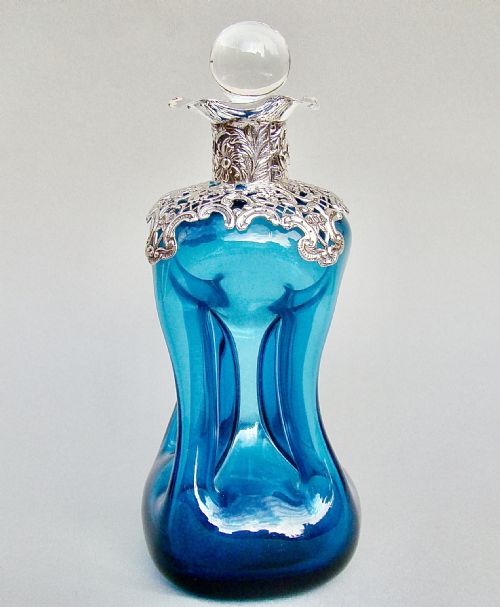 Rare Victorian Silver Mounted Turquoise Glass Small Glug Glug Liqueur Decanter by William Comyns, London 1896