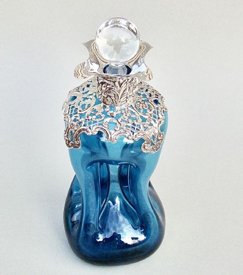 fig 1. RARE VICTORIAN SILVER MOUNTED TURQUOISE GLASS SMALL GLUG GLUG LIQUEUR DECANTER BY WILLIAM COMYNS, LONDON 1896
