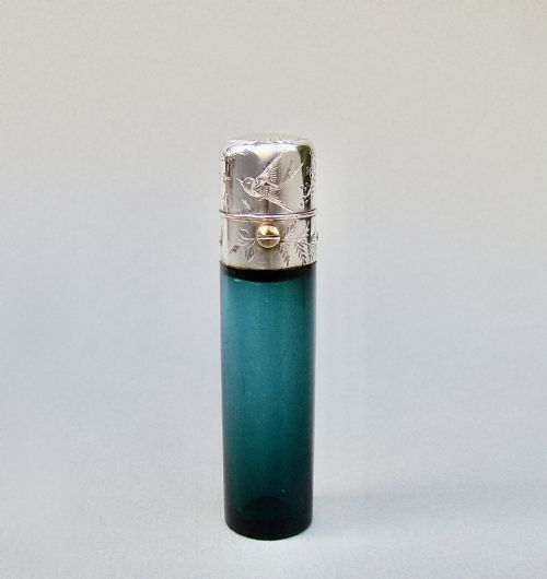 Rare Victorian Aesthetic Movement Silver and Bristol Green  Glass Scent Bottle , Circa 1880