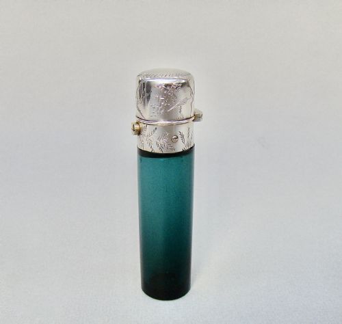 fig 1. RARE VICTORIAN AESTHETIC MOVEMENT SILVER AND BRISTOL GREEN GLASS SCENT BOTTLE , CIRCA 1880