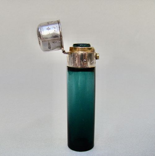 fig 2. RARE VICTORIAN AESTHETIC MOVEMENT SILVER AND BRISTOL GREEN GLASS SCENT BOTTLE , CIRCA 1880