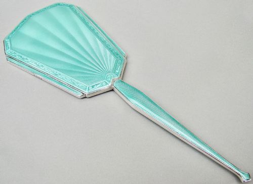 Fabulous Art Deco Silver and Guilloche Enamel Hand Mirror by Charles Green, Birmingham 1936
