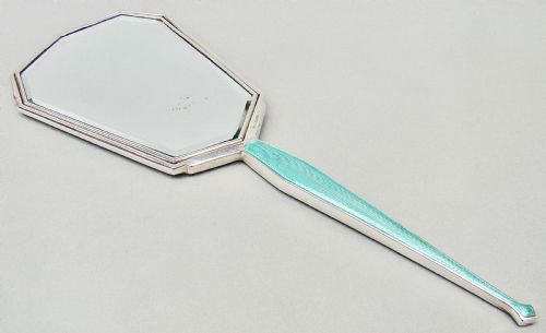 fig 3. FABULOUS ART DECO SILVER AND GUILLOCHE ENAMEL HAND MIRROR BY CHARLES GREEN, BIRMINGHAM 1936