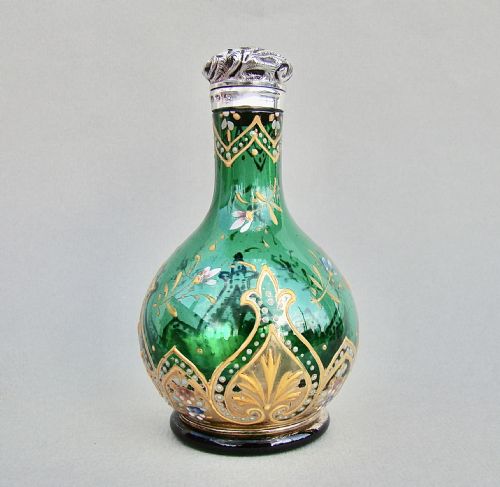 Exquisite Victorian Silver Mounted Bristol Green Enamelled Glass Scent Bottle by Charles May , Birmingham  1898