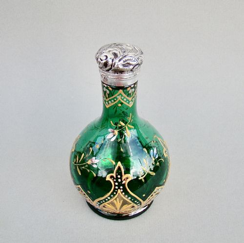 fig 1. EXQUISITE VICTORIAN SILVER MOUNTED BRISTOL GREEN ENAMELLED GLASS SCENT BOTTLE BY CHARLES MAY , BIRMINGHAM 1898