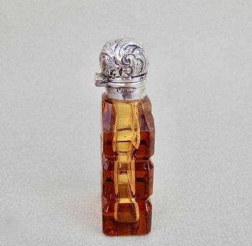 fig 2. VICTORIAN SILVER AND AMBER GLASS SCENT BOTTLE BY THE MOUSLEY BROTHERS , BIRMINGHAM 1899