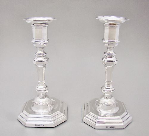 fig 1. FABULOUS PAIR OF GEORGIAN REVIVAL STERLING SILVER CANDLESTICKS BY THE GOLDSMITHS & SILVERSMITHS, LONDON 1908