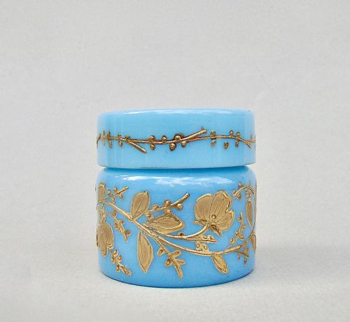 fig 1. 19TH C. MOSER TURQUOISE OPALINE AND GILT GLASS ROUGE POT, CIRCA 1890