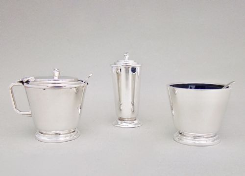 fig 1. ART DECO STERLING SILVER THREE PIECE CONDIMENT SET BY REID & SON, BIRMINGHAM 1934