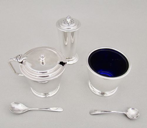 Art Deco Sterling Silver Three Piece Condiment Set by Reid & Son, Birmingham 1934