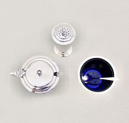 fig 2. ART DECO STERLING SILVER THREE PIECE CONDIMENT SET BY REID & SON, BIRMINGHAM 1934