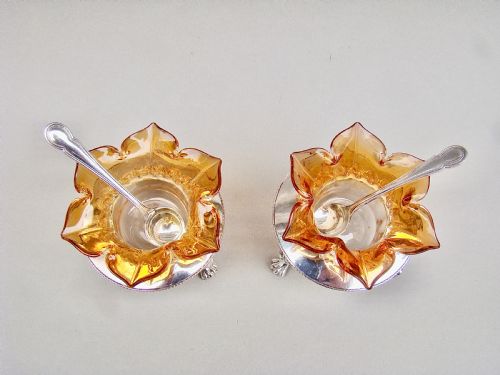 fig 2. DELIGHTFUL PAIR OF VICTORIAN SILVER PLATED STANDS WITH GLASS SALTS BY JOHN GRINSELL & SONS, CIRCA 1890