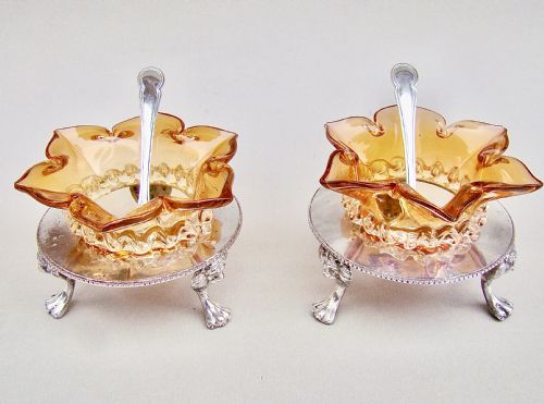 fig 1. DELIGHTFUL PAIR OF VICTORIAN SILVER PLATED STANDS WITH GLASS SALTS BY JOHN GRINSELL & SONS, CIRCA 1890