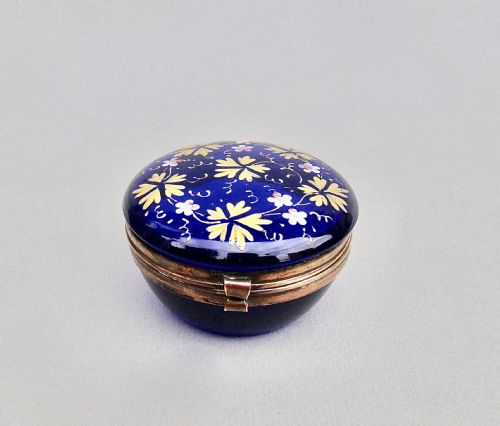 19th Century Enamelled Bristol Blue Glass Trinket Box, Circa 1890