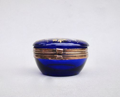 fig 1. 19TH CENTURY ENAMELLED BRISTOL BLUE GLASS TRINKET BOX, CIRCA 1890