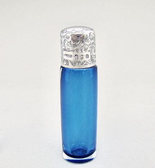Rare Victorian Silver and Turquoise Glass Scent Bottle  by the Mousley Brothers, Birmingham 1900
