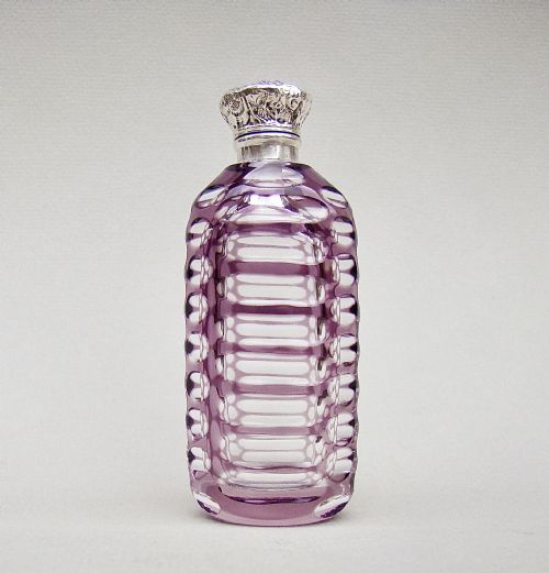 Victorian Silver and Amethyst Overlay Bohemian Glass Scent Bottle, Circa 1890
