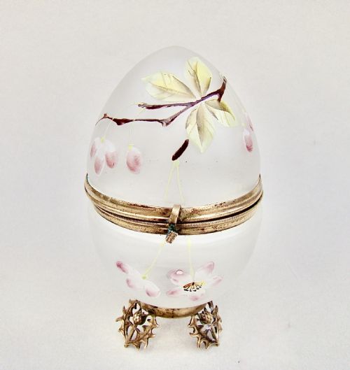 Rare 19th C. French Egg-shaped Enamelled Glass Trinket Box with Ormulu Mounts, Circa 1890

