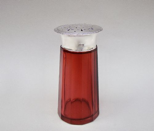 Art Deco Silver Mounted Cranberry Sugar Caster by William Hutton & Sons, Birmingham 1929
