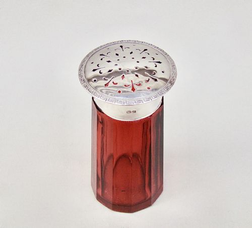fig 1. ART DECO SILVER MOUNTED CRANBERRY SUGAR CASTER BY WILLIAM HUTTON & SONS, BIRMINGHAM 1929