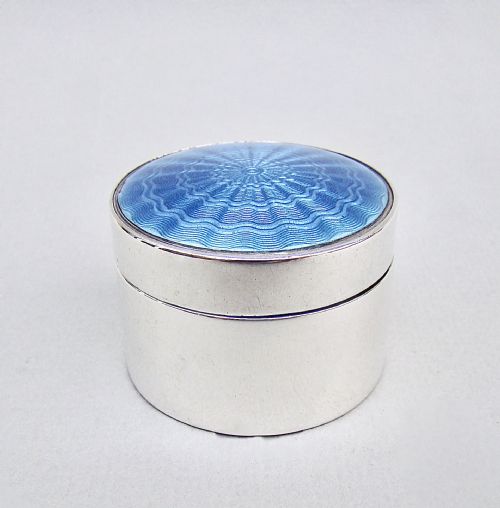fig 2. EXQUISITE EDWARDIAN SILVER AND GUILLOCHE ENAMEL PILL BOX BY JAMES FENTON, BIRMINGHAM 1909
