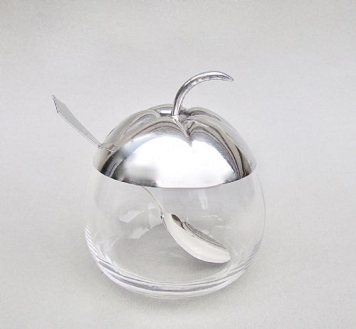 Art Deco Silver Plated Apple-shaped Preserve Jar with Silver Preserve Spoon, Sheffield 1922