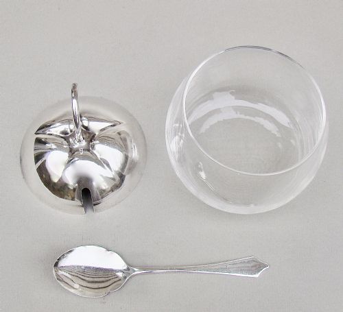 fig 2. ART DECO SILVER PLATED APPLE-SHAPED PRESERVE JAR WITH SILVER PRESERVE SPOON, SHEFFIELD 1922